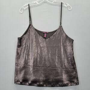 Material Girl Black Tank Stretch Sparkly Sequins V-Neck Top Adjustable Women's L